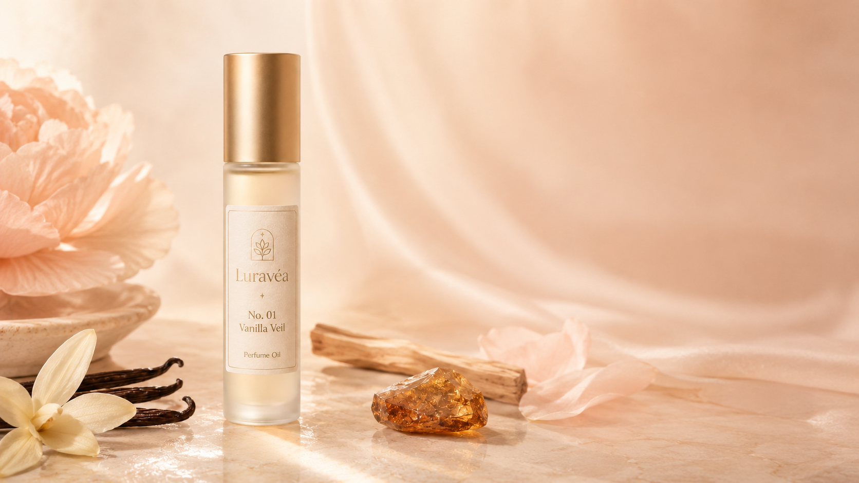 Luravéa No. 01 Vanilla Veil perfume oil bottle styled with warm vanilla, amber, and sandalwood inspired elements
