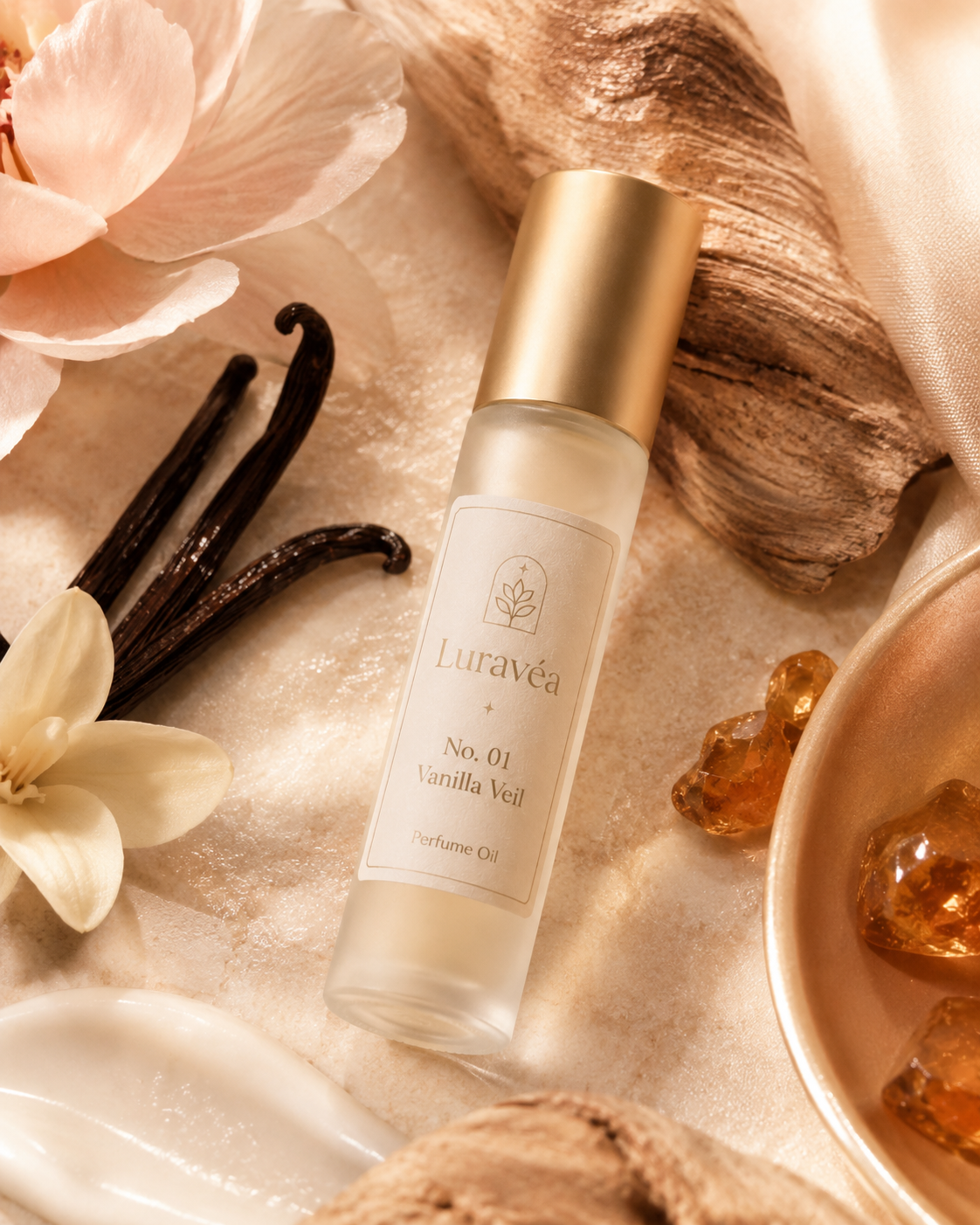 Luravéa Vanilla Veil scent mood with vanilla beans, amber resin, sandalwood, soft petals, and warm ivory textures